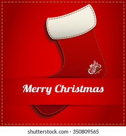 Merry Christmas red boot leather red background, vector illustration