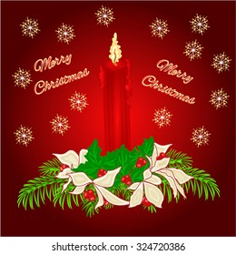 Merry Christmas red candle with boughs of holly and poinsettia  vector