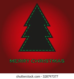 Merry christmas red card with black tree and sewing outline