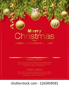 Merry Christmas red card with golden glitter balls Vector. Realistic 3d detailed illustration. Gold text on red backgrounds