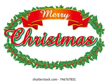Merry Christmas, a red cursive Merry Christmas logo, a Holly lease illustration, vector data