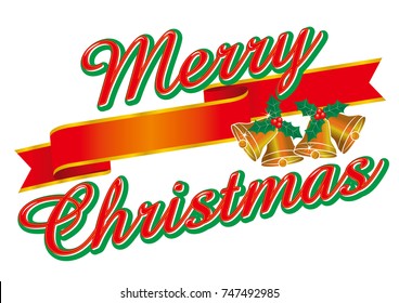 Merry Christmas, red cursive Merry Christmas logo and ribbon, illustration of bell, vector data