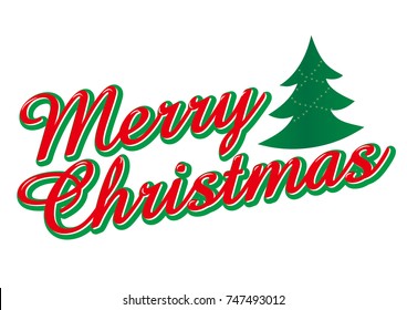 Merry Christmas, red cursive Merry Christmas logo and Christmas tree, bell illustration, vector data