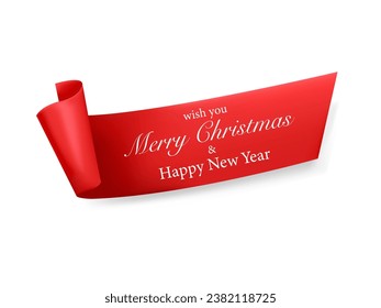 Merry Christmas Red Curved Ribbon. Merry Christmas lettering, vector illustration.