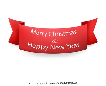 Merry Christmas Red Curved Ribbon. Merry Christmas lettering, vector illustration.