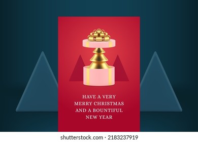 Merry Christmas red fashion greeting card template golden spruce in open gift box realistic 3d icon vector illustration. Happy New Year winter season congratulations pink present fir tree surprise
