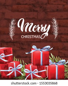 Merry Christmas red gift boxes with white ribbon. Green fir tree leaves. Brick wall background. Vector