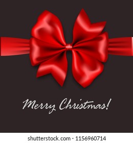 Merry Christmas. Red gift silk bow vertical banner. Season holidays background. Realistic 3d satin ribbon isolated.