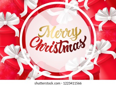 Merry Christmas with red gifts banner design. Lettering in round white frame on background with red gifts with white ribbons. Can be used for posters, banners, greetings