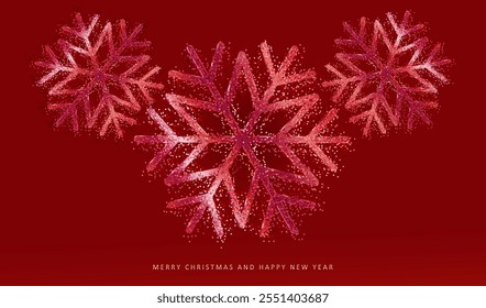 Fondo de Anuncio de Web de copos de nieve de purpurina roja de Navidades alegres. Nieve 3d realista, elemento de decoración. Festiva Vector de tarjetas X-mas diseño.