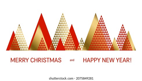 Merry Christmas red gold triangle abstract fir trees greeting card holiday template. Christnas trees of red and gold triangles, greeting text on white background. Vector holiday xmas design.