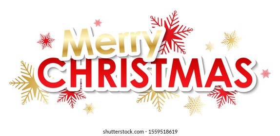 MERRY CHRISTMAS red and gold vector typography banner with snowflakes