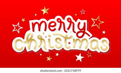 MERRY CHRISTMAS red and gold vector typography banner on red background with stars