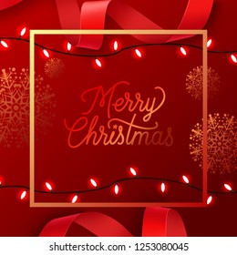 Merry Christmas red and golden stylish postcard design. Calligraphy in squared frame with garlands, red bands and snowflakes. Can be used for posters, postcards, greetings