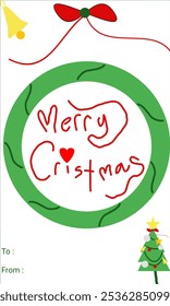 Merry Christmas in red with a green circle pattern equipped with a Christmas tree, bells and cute ribbons on a white vertical background. Vector illustration for printing Christmas greeting cards.