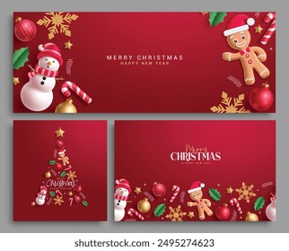 Merry christmas red greeting card vector template set. Christmas holiday invitation card collection with snow man, ginger bread and elegant xmas decoration elements in elegant red background. Vector 