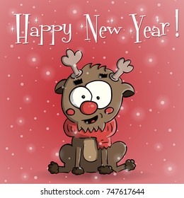 Merry Christmas red greeting card with cute smiling deer vector illustration