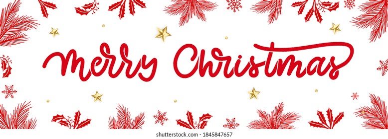 Merry christmas red hand lettering inscription for winter holiday design, calligraphy vector.