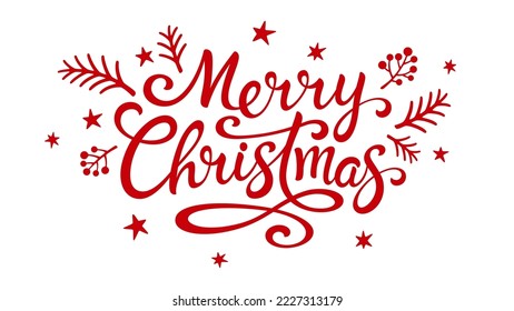 Merry Christmas red hand lettering calligraphy isolated on white background. Xmas holiday lettering design. Creative calligraphy inscription for Holiday greeting card, postcard, poster, banner