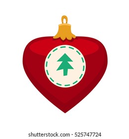 Merry Christmas red heart toy with fur tree icon in roundframe, Christmas balls, vector illustration in flat style