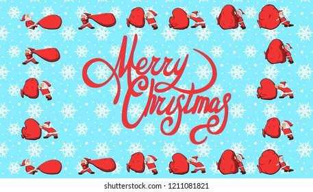 Merry  Christmas red inscription and set santa claus is wearing a huge bag with gifts. santa claus dropped a big bag with gifts on blue background with snoflakes pattern