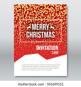 Merry Christmas Red Invitation Card, design template, xmas brochure design with falling glitter particles, vector illustration
