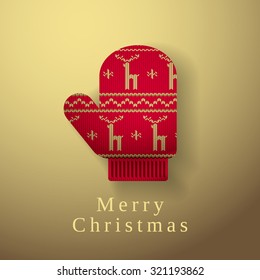 Merry Christmas, red knitted style glove on golden background