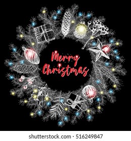 Merry Christmas red lettering design in traditional holiday wreath frame. Vector.