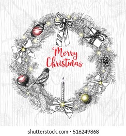 Merry Christmas red lettering design in traditional holiday wreath frame. Vector.