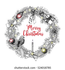 Merry Christmas red lettering design in traditional holiday wreath frame. Vector.