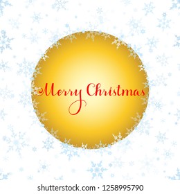 Merry Christmas red lettering with golden circle, ornaments and wreath decoration of sparkling blue snowflakes. Merry Christmas calligraphic greeting holiday card.