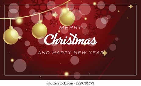 Merry Christmas Red Luminous Youtube Banner Header. Golden ball with shiny snowflakes, balls hanging on golden ribbons, glitter on a red night background. Vector illustration