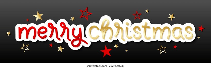 MERRY CHRISTMAS red and metallic gold vector hand lettering banner on black background