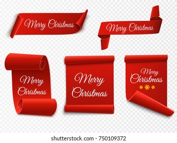 Merry Christmas red paper banner. Set of Xmas stickers isolated. Vector illustration.