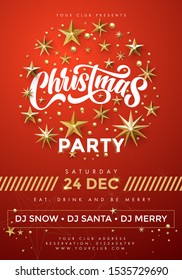 Merry Christmas red party poster. 24 December celebration banner template with text, golden twinkling stars