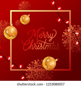 Merry Christmas red poster design with golden tree decorations, Calligraphy in squared frame with golden ball tree decorations, snowflakes and garlands. Can be used for posters, postcards, greetings