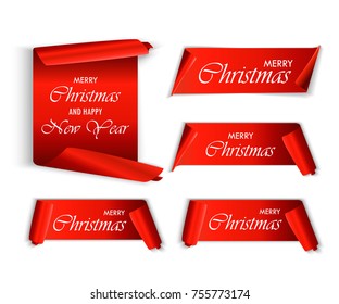 Merry Christmas, red realistic, paper banners. Vector illustration. Set