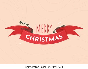 Merry Christmas red ribbon banner in flat design. Greeting card 