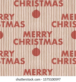 Merry Christmas red, semi-transparent text with baubles on corrugated cardboard texture. Vector seamless pattern.