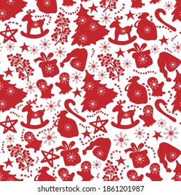 Merry Christmas red silhouette seamless pattern with christmas tree, stars, snowflakes and gifts on white background.