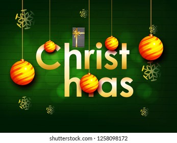 Merry Christmas with red snowflakes and santa claus on the winter background.  