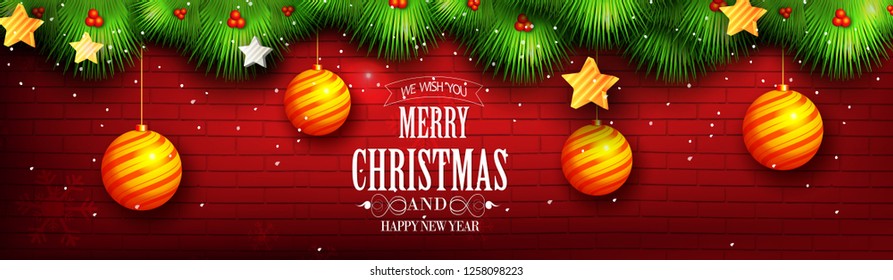 Merry Christmas with red snowflakes and santa claus on the winter background.  