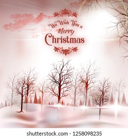 Merry Christmas with red snowflakes and santa claus on the winter background.  