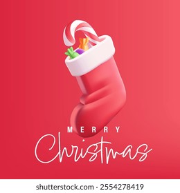 Merry Christmas, red Christmas sock with sweets. Modern red stylish banner for Merry Christmas greeting concepts. Vector illustration.