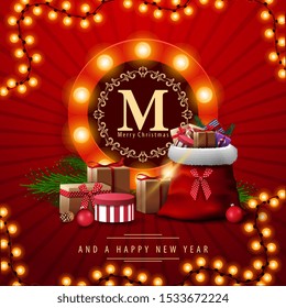 Merry Christmas, red square postcard with Santa Claus bag with presents. Greeting card with round logo with bulbs