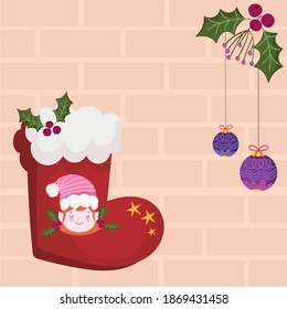 merry christmas, red stocking with helper and balls decoration vector illustration