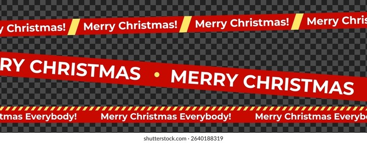 Merry Christmas Red Tape Banner Set With Stripes And Greeting Text On Transparent Background. Festive Decoration, Holiday Warning Ribbon. Vector Illustration.