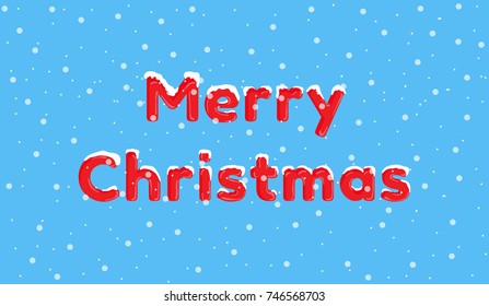 Merry Christmas. The red text of Merry Christmas is littered with snow. Blue background for the flyer, poster.Banner symbol,web,headline.Abstract blue background for text with snow on the background.
