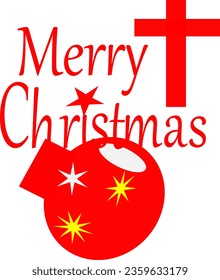 Merry Christmas red text on a clear background with a cross and a Christmas Tree decoration