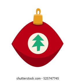 Merry Christmas red toy with fur tree icon in roundframe, Christmas balls, vector illustration in flat style